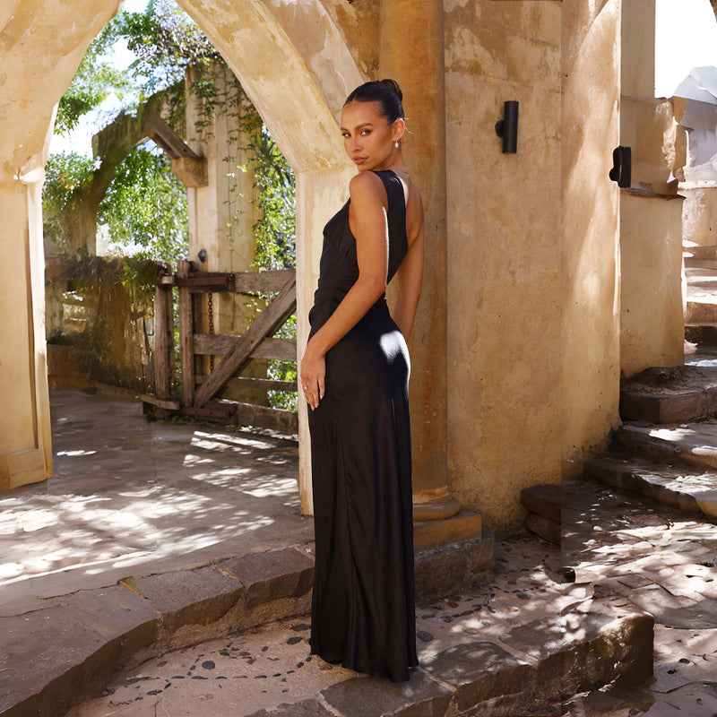 Elegantes One-Shoulder Satin Maxi Kleid für Damen – Figurbetontes Abendkleid mit Beinschlitz