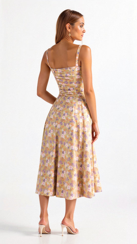 Noémie - Elegantes Frühlings-Balconette-Kleid für Frauen mit Taillierung, Schlitz und Blumenmuster