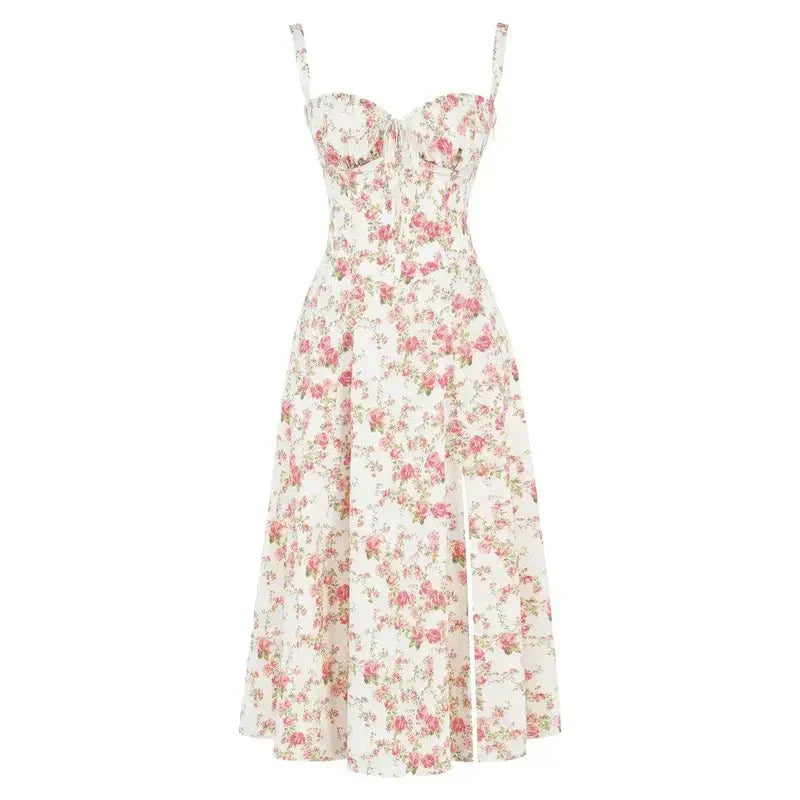 Noémie - Elegantes Frühlings-Balconette-Kleid für Frauen mit Taillierung, Schlitz und Blumenmuster
