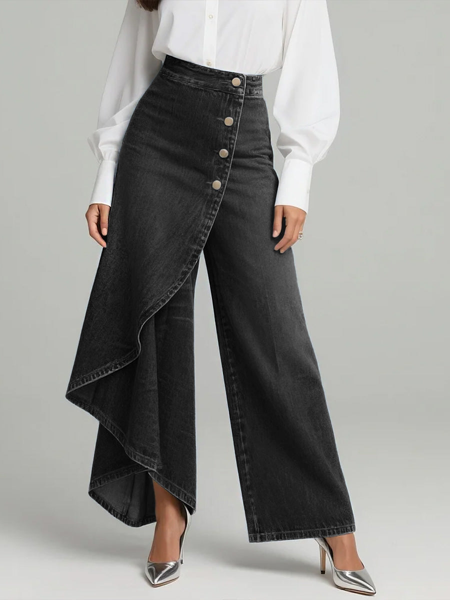 High Waist Denim Culotte Hose für Damen – Asymmetrische Jeans mit weitem Bein