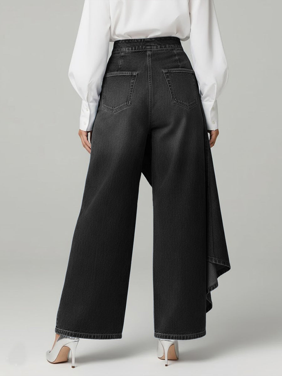 High Waist Denim Culotte Hose für Damen – Asymmetrische Jeans mit weitem Bein