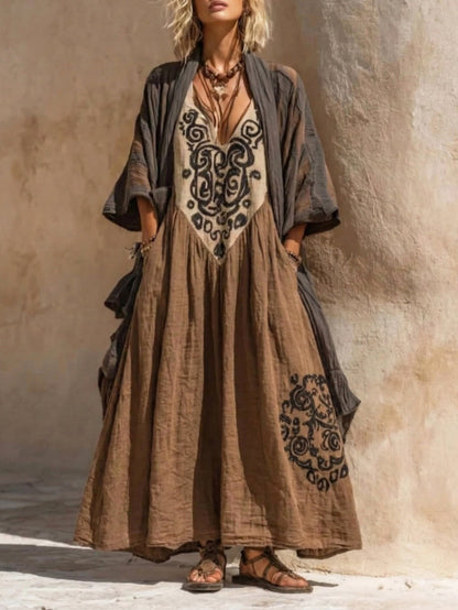 Boho Maxikleid mit Stickerei & V-Ausschnitt – Lockeres Ethno Kleid im Vintage Stil für Damen