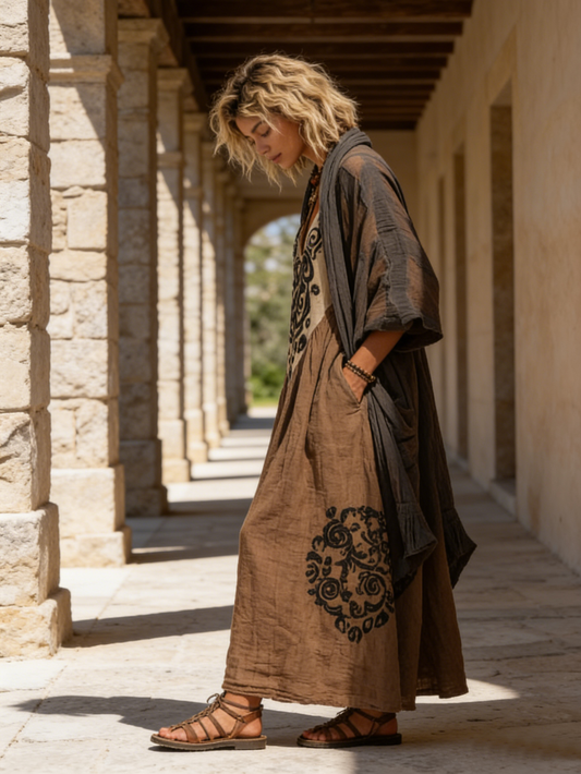 Boho Maxikleid mit Stickerei & V-Ausschnitt – Lockeres Ethno Kleid im Vintage Stil für Damen