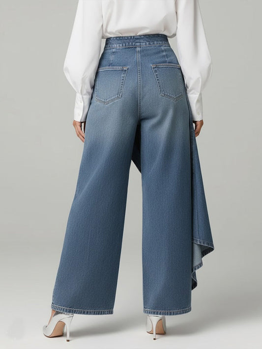 High Waist Denim Culotte Hose für Damen – Asymmetrische Jeans mit weitem Bein