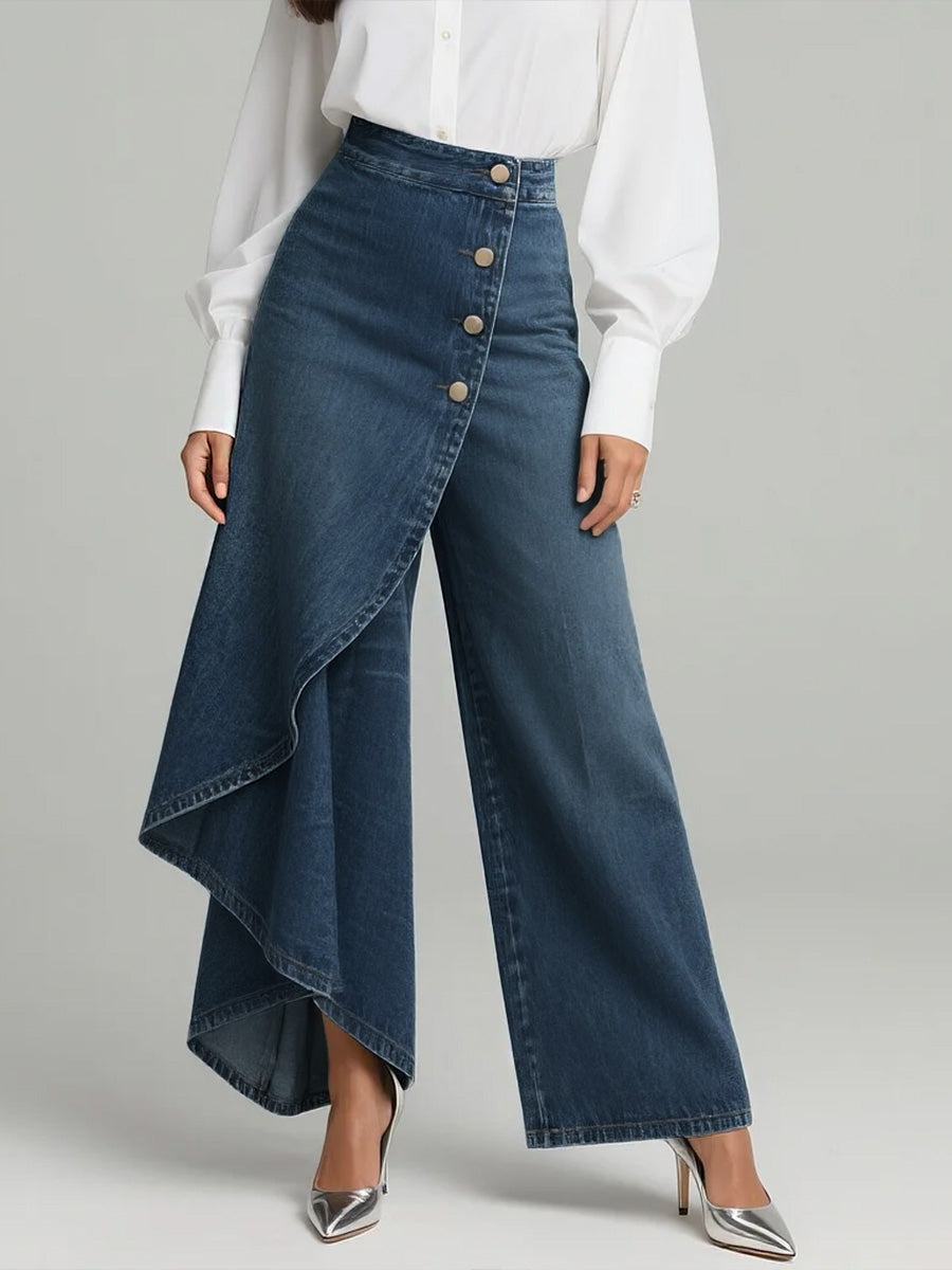 High Waist Denim Culotte Hose für Damen – Asymmetrische Jeans mit weitem Bein