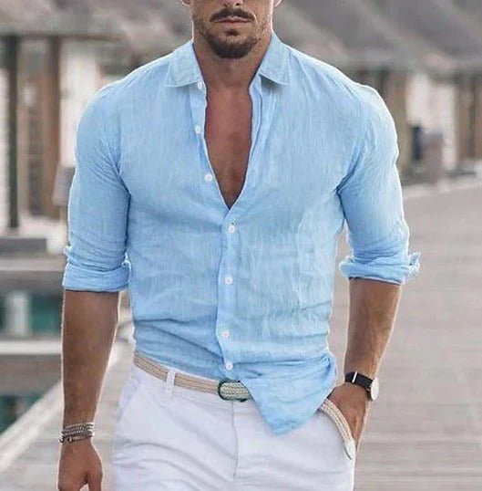 Leinenhemd mit Stehkragen – Elegantes Slim Fit Sommerhemd atmungsaktiv für Herren