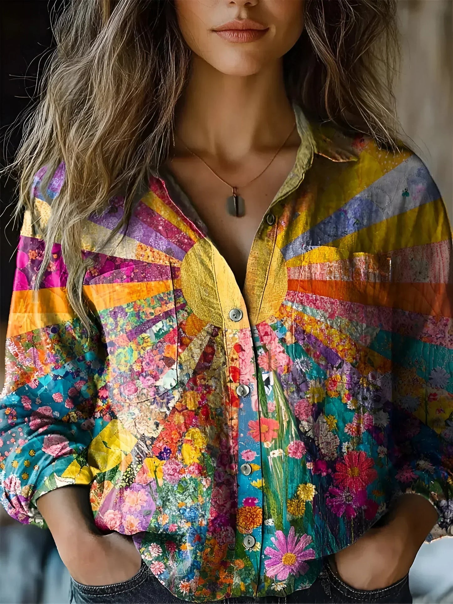 Bunte Bluse mit Blumenmuster und Printdesign für Damen Lockeres Hemd im Boho Stil