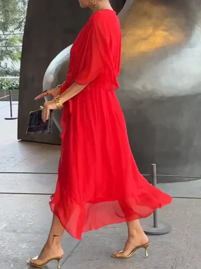 Florielle - Elegantes Kleid aus weichem Seidenstoff mit V-Ausschnitt und Gürtel für Frauen
