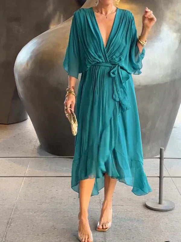 Florielle - Elegantes Kleid aus weichem Seidenstoff mit V-Ausschnitt und Gürtel für Frauen