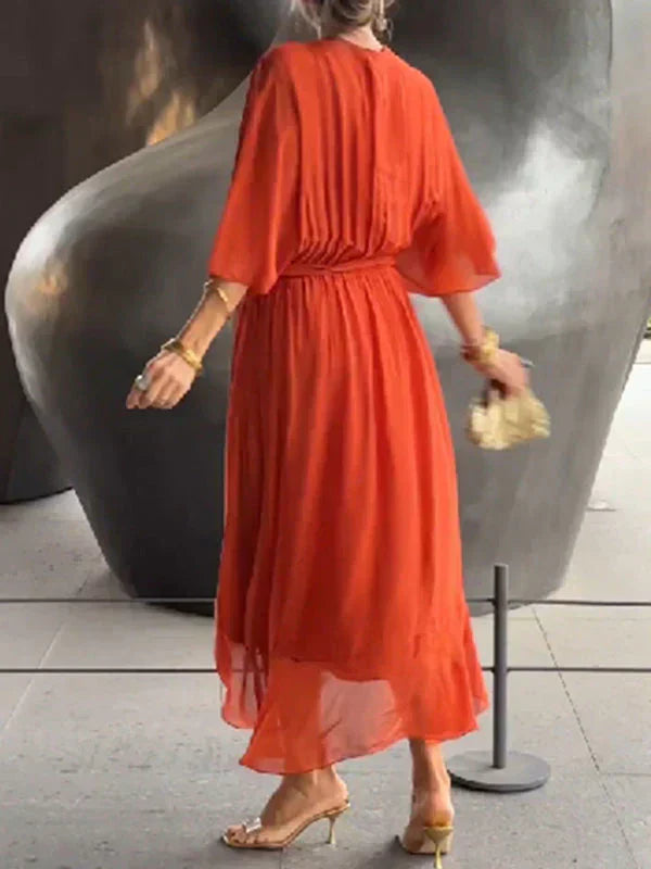 Florielle - Elegantes Kleid aus weichem Seidenstoff mit V-Ausschnitt und Gürtel für Frauen