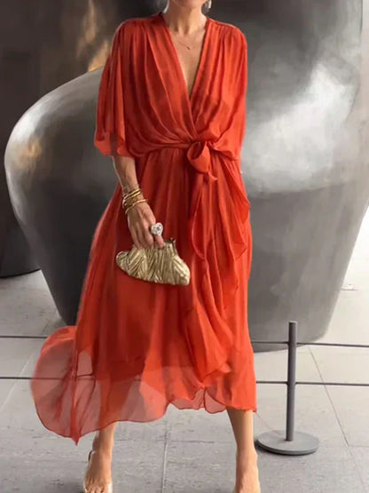 Florielle - Elegantes Kleid aus weichem Seidenstoff mit V-Ausschnitt und Gürtel für Frauen