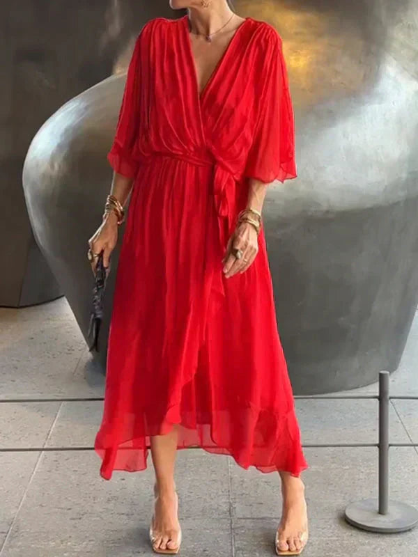 Florielle - Elegantes Kleid aus weichem Seidenstoff mit V-Ausschnitt und Gürtel für Frauen