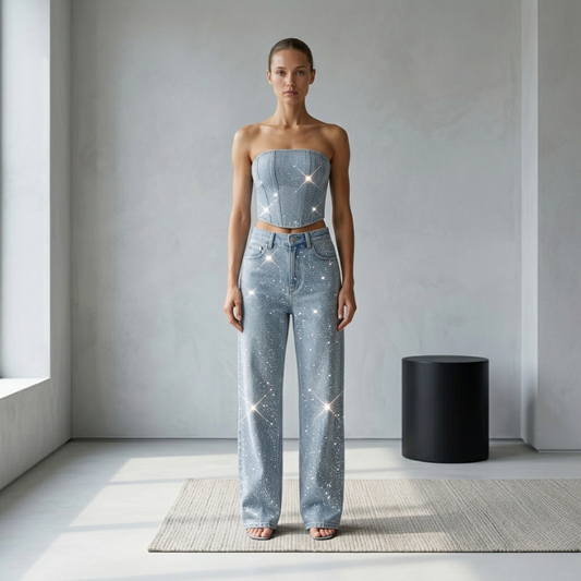 Glitzerndes Denim Zweiteiler Set mit Strass-Corsage & Jeans für Damen – Trendy Party-Look & Figurbetont