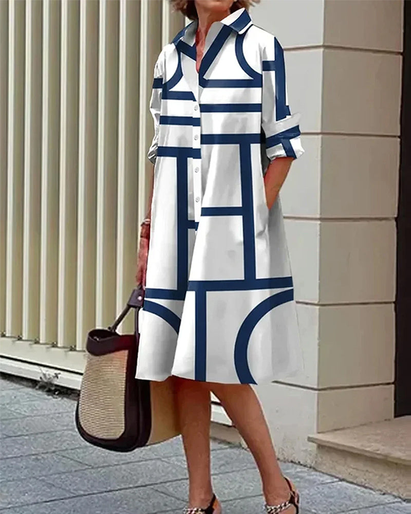 Modernes Hemdblusenkleid mit Grafik-Print – Lockerer Schnitt & Stilvoller Alltagslook für Damen
