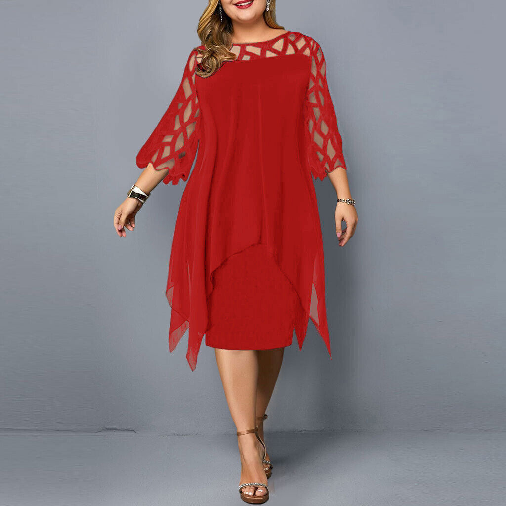 Elegantes Chiffon Midikleid für Damen – Lockeres Abendkleid mit Spitzenärmeln