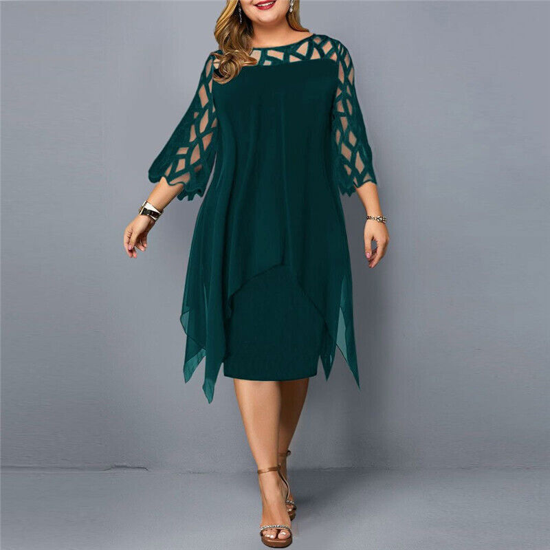 Elegantes Chiffon Midikleid für Damen – Lockeres Abendkleid mit Spitzenärmeln