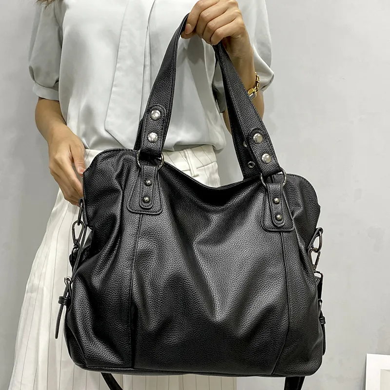 Marine - Große Handtasche aus weichem Leder