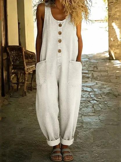Lässiger Jeans Jumpsuit mit Knopfleiste für Damen – Oversize Overall mit Taschen & weitem Bein