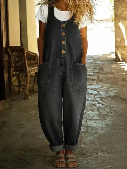 Lässiger Jeans Jumpsuit mit Knopfleiste für Damen – Oversize Overall mit Taschen & weitem Bein
