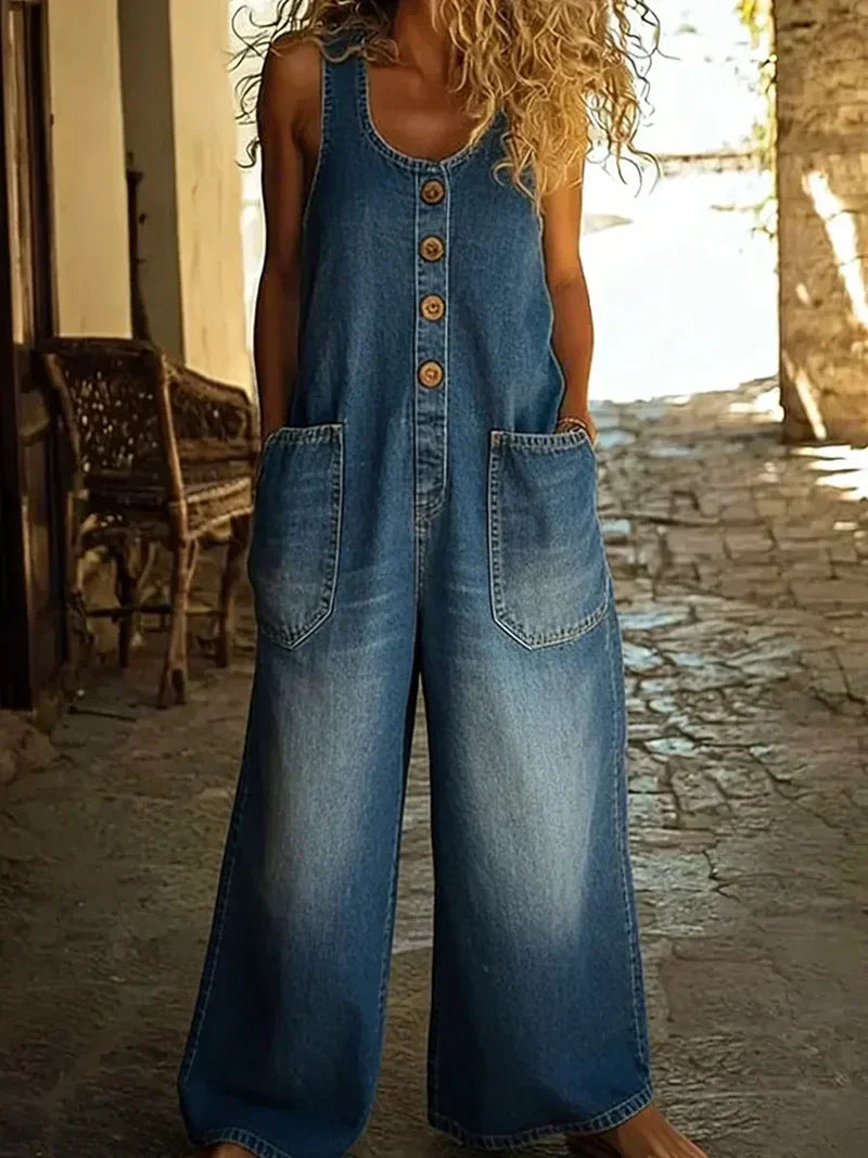 Lässiger Jeans Jumpsuit mit Knopfleiste für Damen – Oversize Overall mit Taschen & weitem Bein