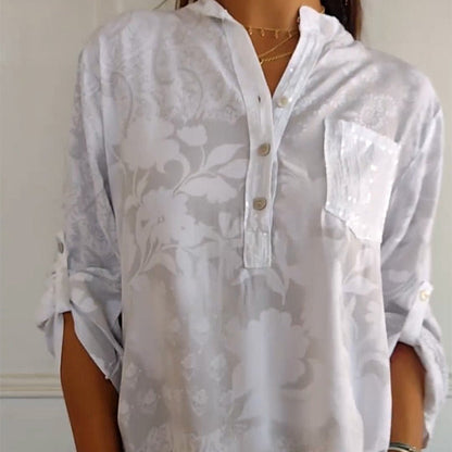 Elegante Bluse mit floralem Muster für Damen – Lockeres Langarmshirt mit Pailletten-Tasche