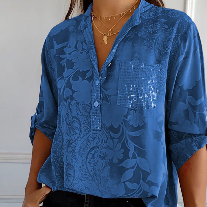 Elegante Bluse mit floralem Muster für Damen – Lockeres Langarmshirt mit Pailletten-Tasche