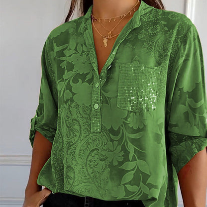 Elegante Bluse mit floralem Muster für Damen – Lockeres Langarmshirt mit Pailletten-Tasche