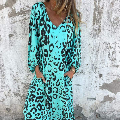 Lässiges Leo-Print Kleid für Frauen mit V-Ausschnitt und lockerer Passform