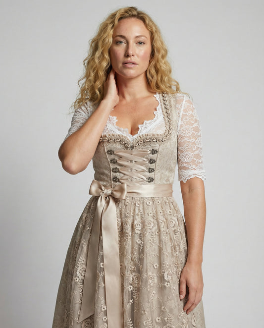 Elegantes Spitzen Dirndl Kleid für Damen – Figurbetontes Trachtenkleid mit Schleife & Vintage-Charme