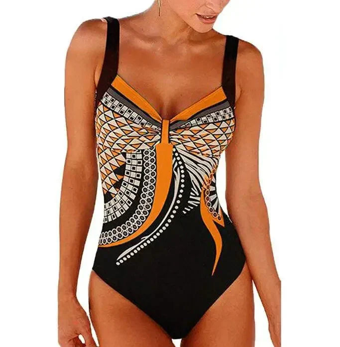 Eleganter Badeanzug für Damen – Figurformendes Design mit Print & V-Ausschnitt
