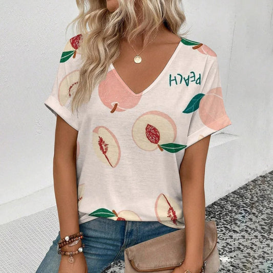 Lässiges V-Ausschnitt T-Shirt mit Fruchtprint für Damen – Leichtes Sommer Shirt