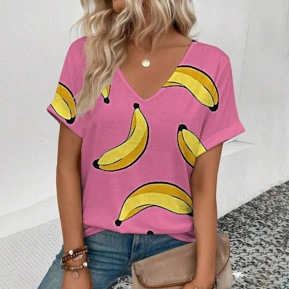 Lässiges V-Ausschnitt T-Shirt mit Fruchtprint für Damen – Leichtes Sommer Shirt