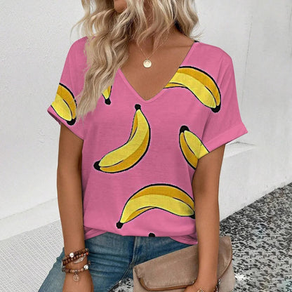 Lässiges V-Ausschnitt T-Shirt mit Fruchtprint für Damen – Leichtes Sommer Shirt