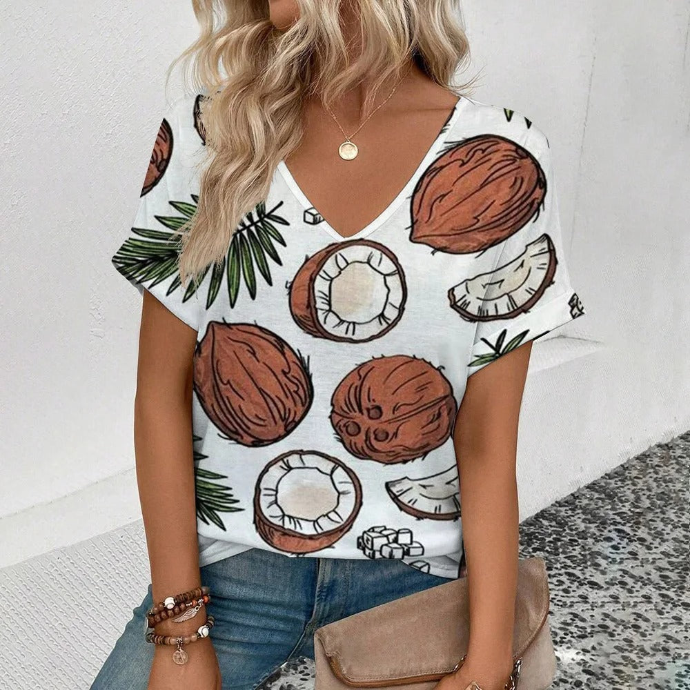 Lässiges V-Ausschnitt T-Shirt mit Fruchtprint für Damen – Leichtes Sommer Shirt