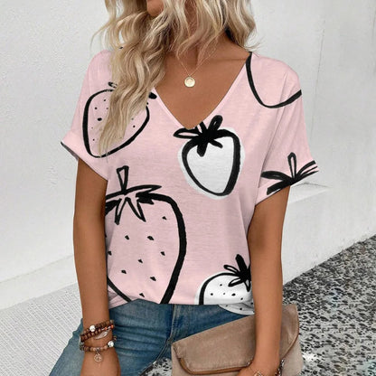 Lässiges V-Ausschnitt T-Shirt mit Fruchtprint für Damen – Leichtes Sommer Shirt