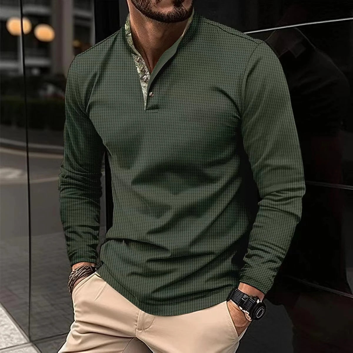 Édrien - Elegantes Herren-Polo für den Frühling mit langen Ärmeln und farbigem Kragen