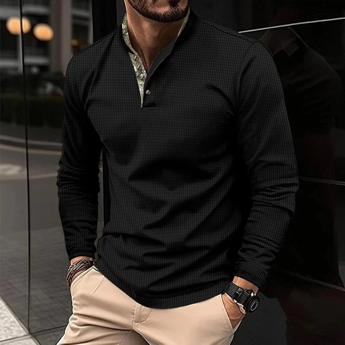 Édrien - Elegantes Herren-Polo für den Frühling mit langen Ärmeln und farbigem Kragen