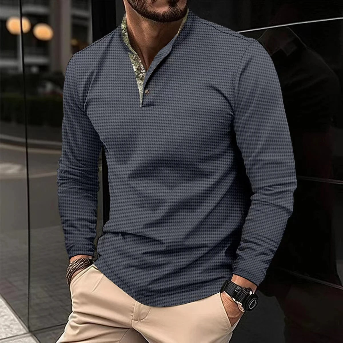 Édrien - Elegantes Herren-Polo für den Frühling mit langen Ärmeln und farbigem Kragen