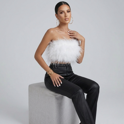 Elegantes Bandeau Feder-Top für Damen – Glamouröses Crop Top trägerlos & Statement-Look