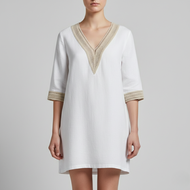 Luftiges V-Ausschnitt Leinenkleid mit Stickerei – Elegantes Sommerkleid für Damen