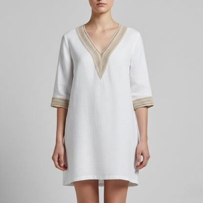 Luftiges V-Ausschnitt Leinenkleid mit Stickerei – Elegantes Sommerkleid für Damen