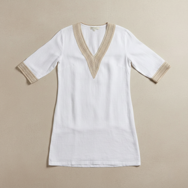 Luftiges V-Ausschnitt Leinenkleid mit Stickerei – Elegantes Sommerkleid für Damen