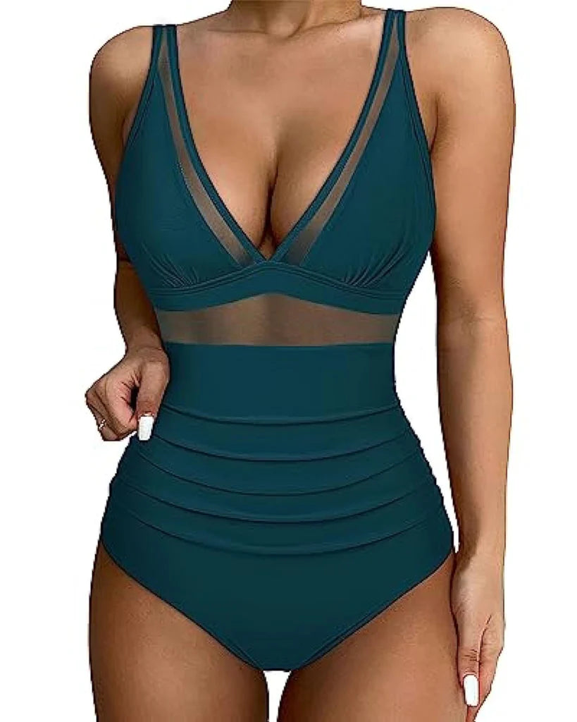 Eleganter Badeanzug für Damen mit Mesh-Details – Tiefem V-Ausschnitt & Figurformend