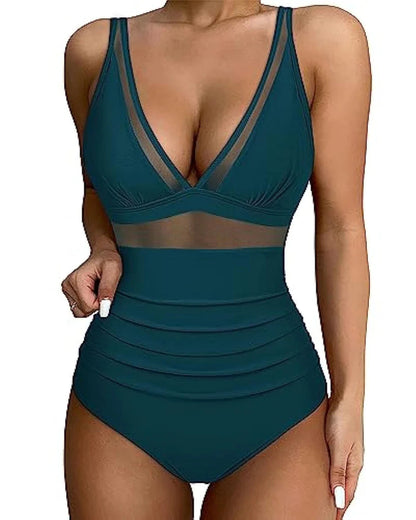 Eleganter Badeanzug für Damen mit Mesh-Details – Tiefem V-Ausschnitt & Figurformend
